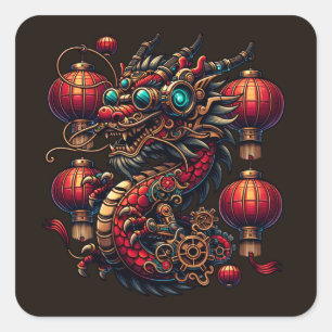 Steampunk Chinese New Year Dragon Square Sticker