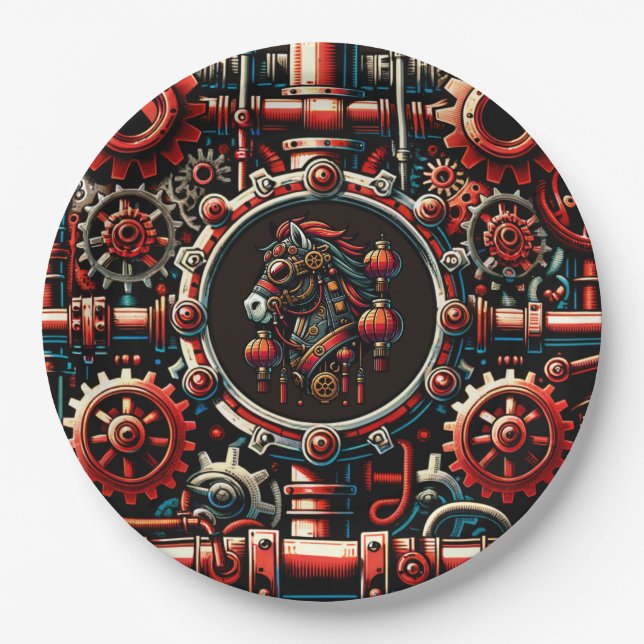 Steampunk Chinese New Year Horse Paper Plates (Front)