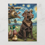 Steampunk Chocolate Lab Van Gogh Postcard<br><div class="desc">A steampunk Chocolate lab and ducks with the starry night by Van Gogh in the background</div>