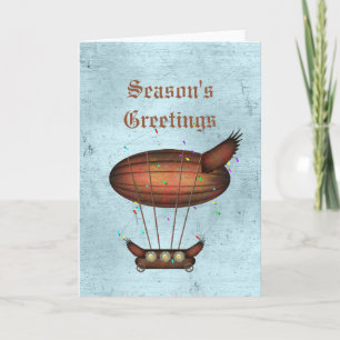 Steampunk Christmas Bronze Airship Greeting Card