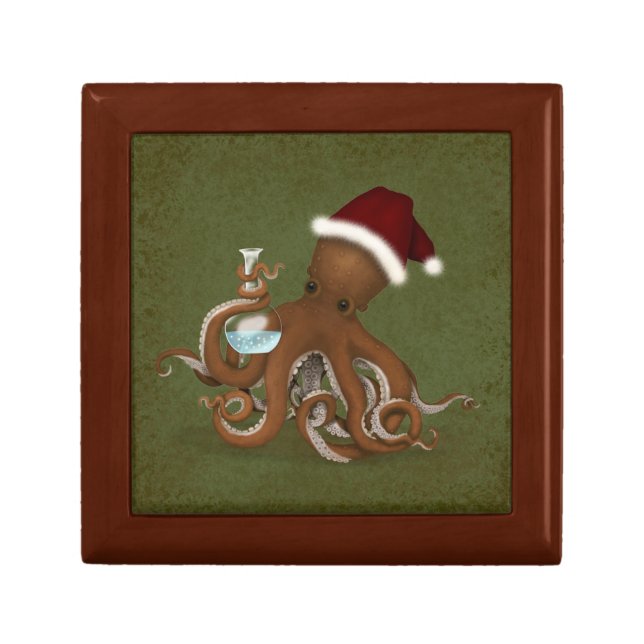 Steampunk Christmas Octopus Scientist in Santa Hat Gift Box (Front)