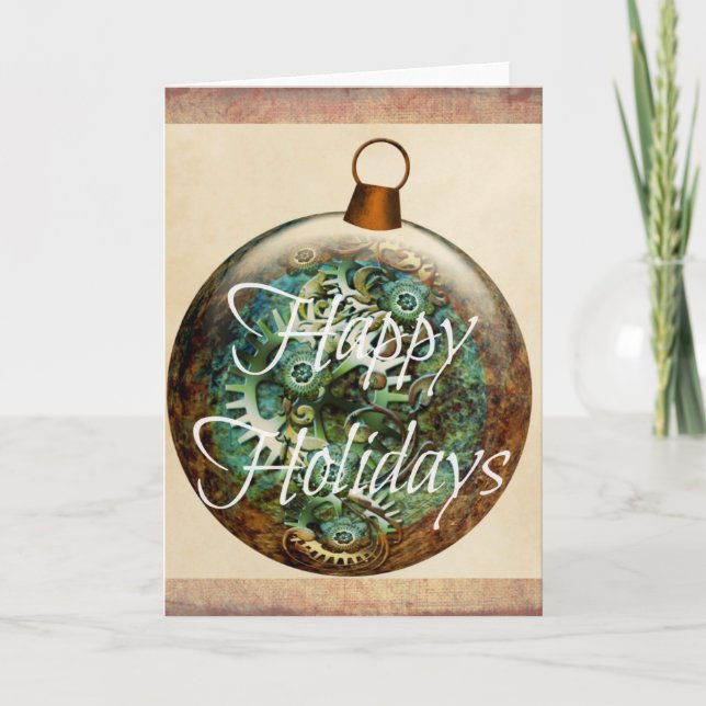 Steampunk Christmas Ornament Holiday Card (Front)
