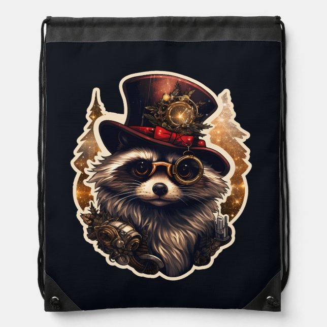 Steampunk Christmas Raccoon Drawstring Bag (Front)