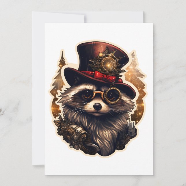 Steampunk Christmas Raccoon Invitation (Front)