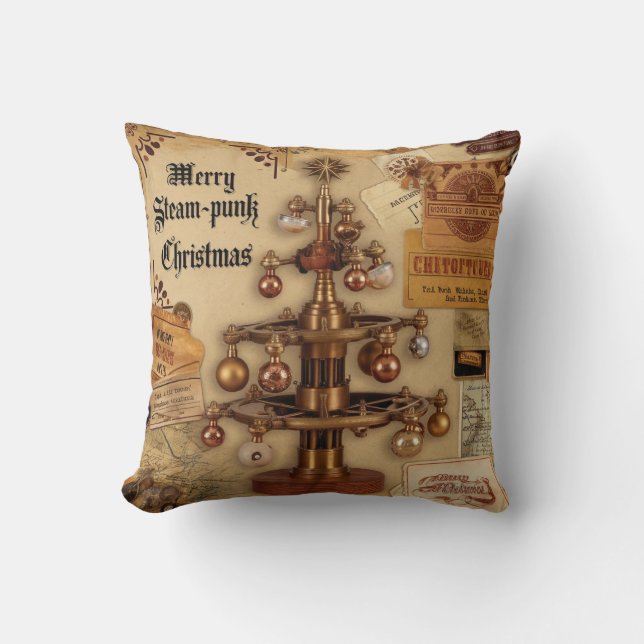 Steampunk Christmas Throw Pillow (Front)