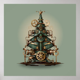 Steampunk Christmas Tree Vintage Retro Style Poster
