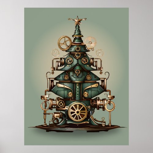 Steampunk Christmas Tree Vintage Retro Style Poster