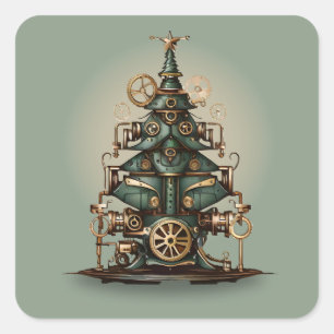 Steampunk Christmas Tree Vintage Retro Style Square Sticker