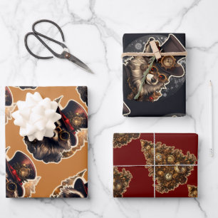 Steampunk Christmas Tree Wolf Raccoon 3 apatterns Wrapping Paper Sheets