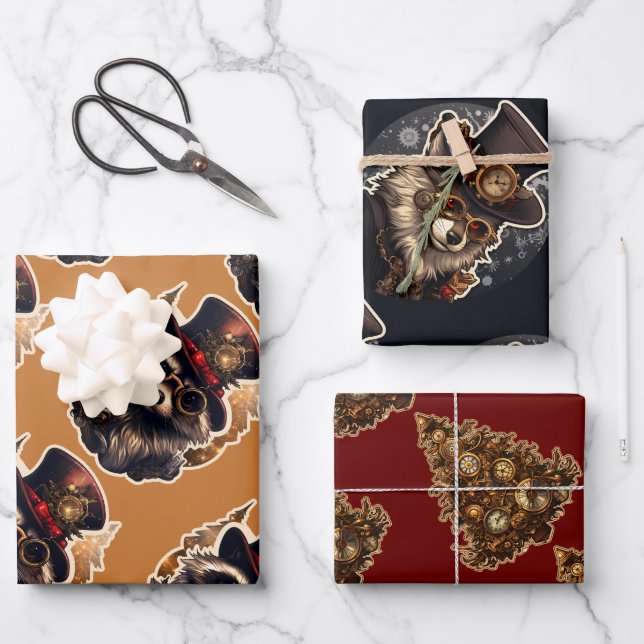 Steampunk Christmas Tree Wolf Raccoon 3 apatterns Wrapping Paper Sheets (Front)