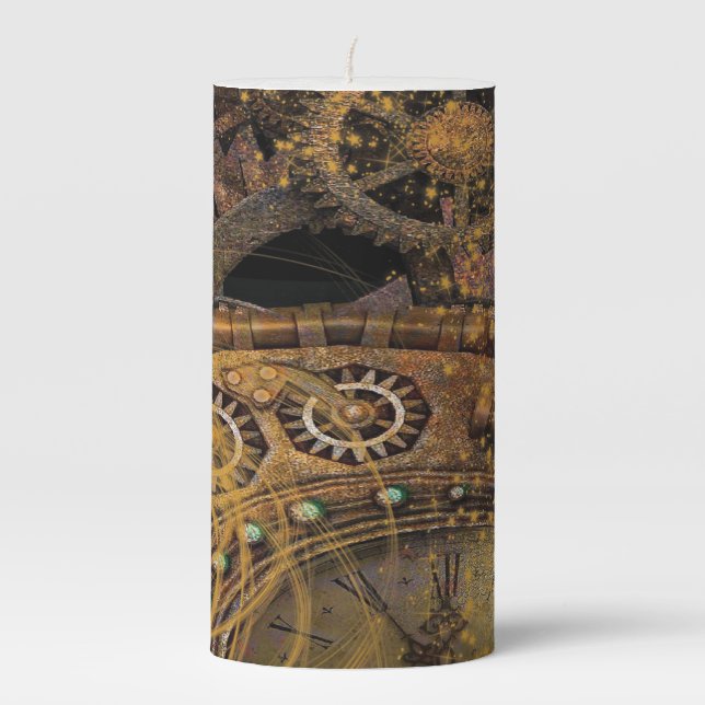 Steampunk Clock and Gears Pillar Candle (Front)