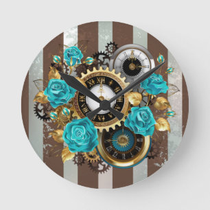 Steampunk Clock and Turquoise Roses on Striped