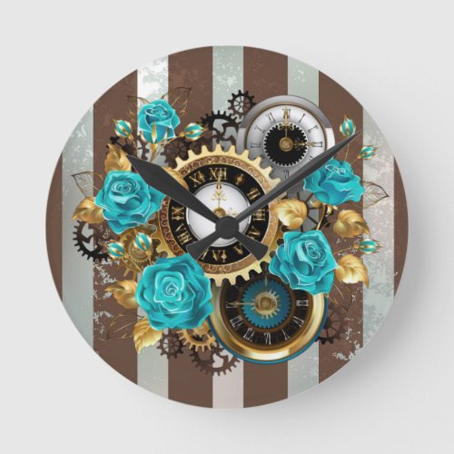 Steampunk Clock and Turquoise Roses on Striped