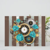 Steampunk Clock and Turquoise Roses on Striped (Standing Front)