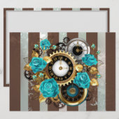 Steampunk Clock and Turquoise Roses on Striped (Front/Back)