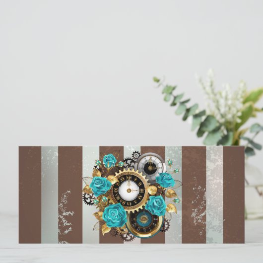 Steampunk Clock and Turquoise Roses on Striped (Standing Front)
