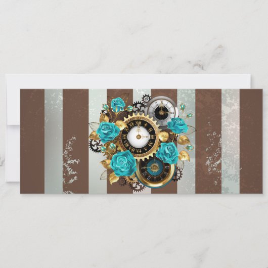 Steampunk Clock and Turquoise Roses on Striped (Front)
