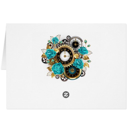 Steampunk Clock and Turquoise Roses on Striped (Back Horizontal)