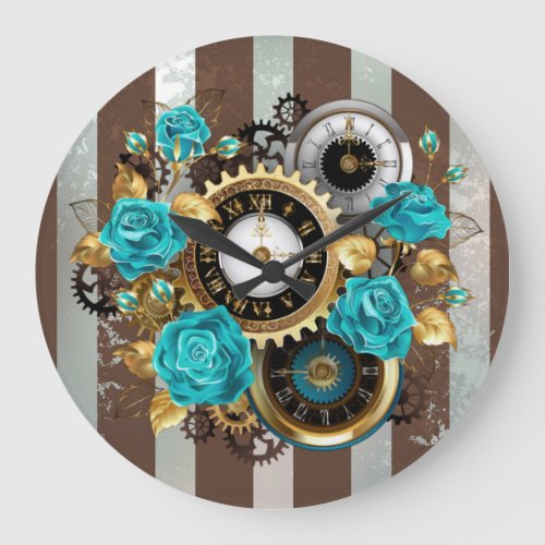 Steampunk Clock and Turquoise Roses on Striped