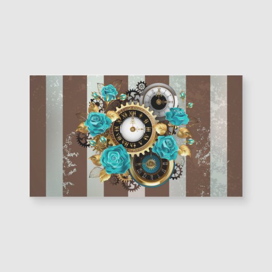 Steampunk Clock and Turquoise Roses on Striped (Front)