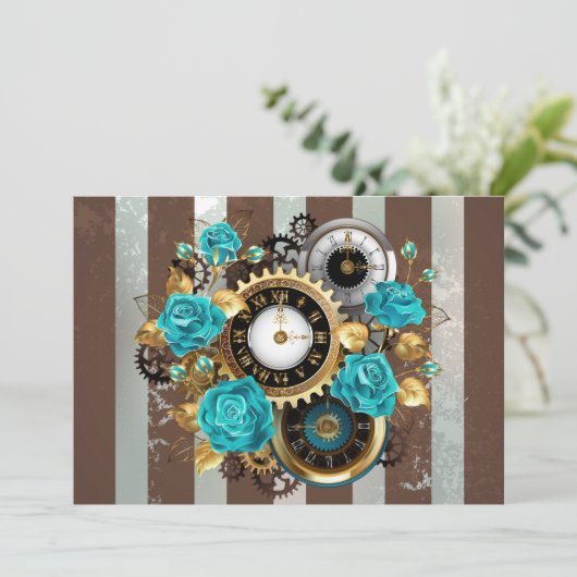 Steampunk Clock and Turquoise Roses on Striped (Standing Front)
