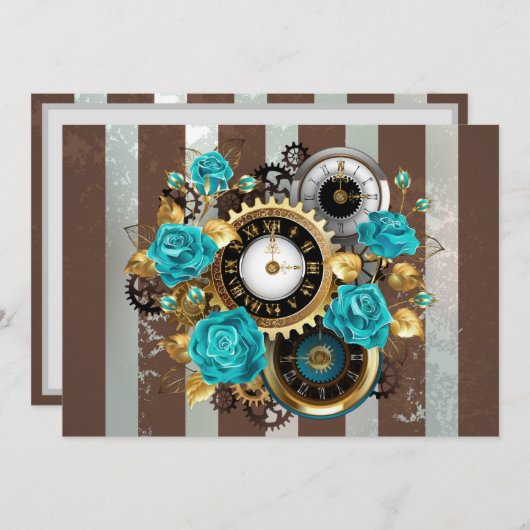 Steampunk Clock and Turquoise Roses on Striped (Front/Back)