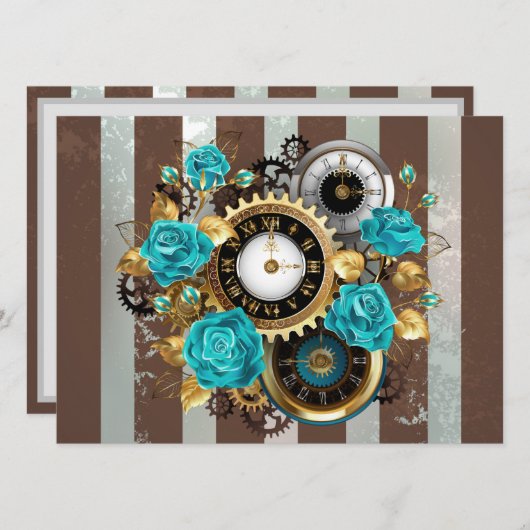 Steampunk Clock and Turquoise Roses on Striped (Front/Back)