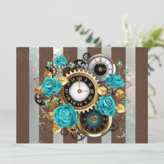 Steampunk Clock and Turquoise Roses on Striped (Standing Front)