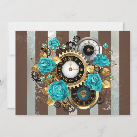 Steampunk Clock and Turquoise Roses on Striped (Front)