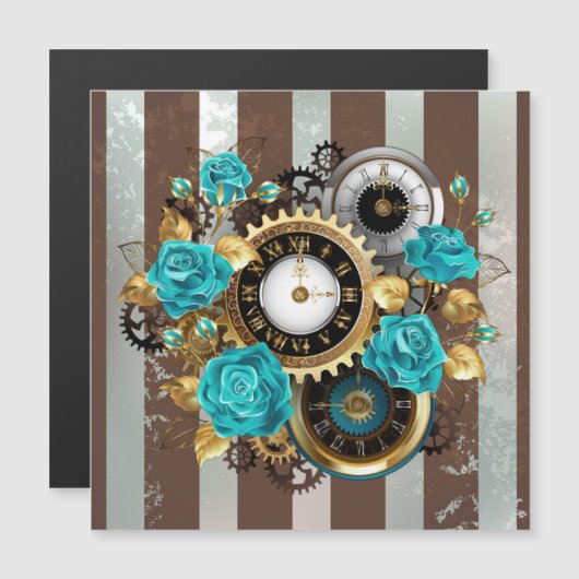 Steampunk Clock and Turquoise Roses on Striped (Front/Back)