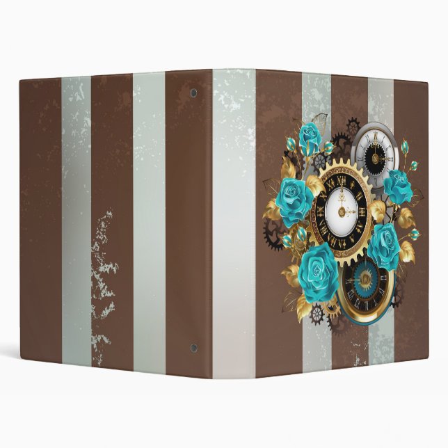 Steampunk Clock and Turquoise Roses on Striped 3 Ring Binder (Background)