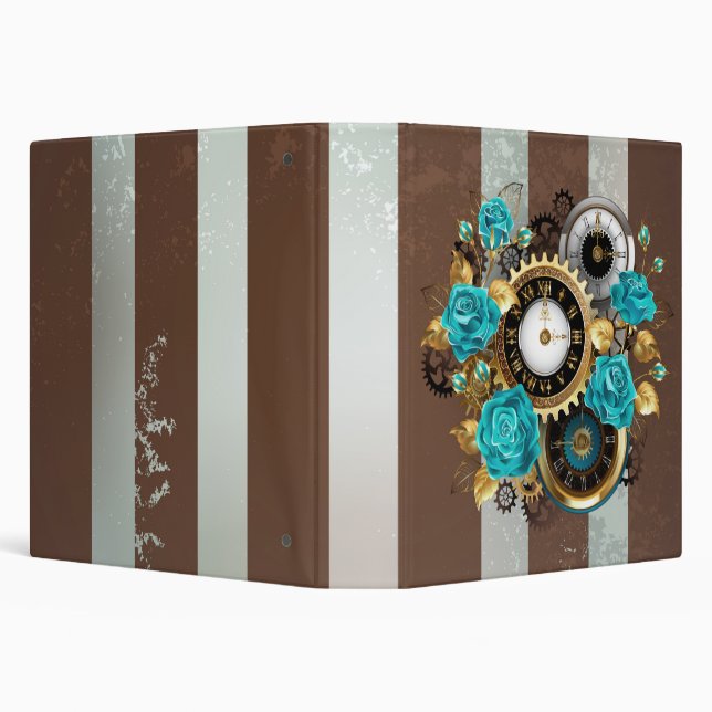 Steampunk Clock and Turquoise Roses on Striped 3 Ring Binder (Background)