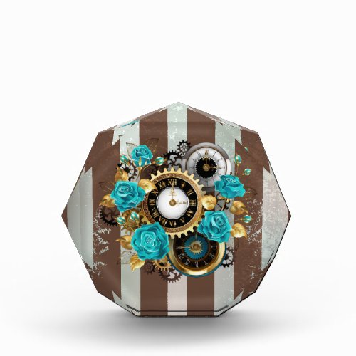 Steampunk Clock and Turquoise Roses on Striped Acrylic Award