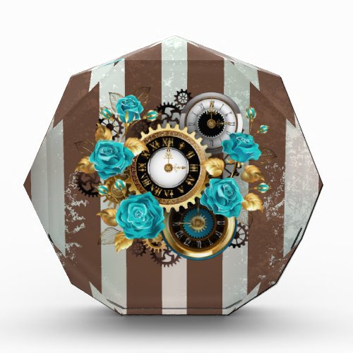 Steampunk Clock and Turquoise Roses on Striped Acrylic Award