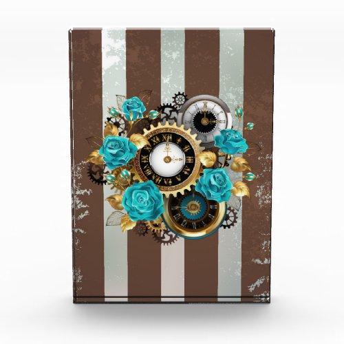 Steampunk Clock and Turquoise Roses on Striped Acrylic Award