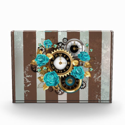 Steampunk Clock and Turquoise Roses on Striped Acrylic Award