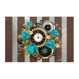 Steampunk Clock and Turquoise Roses on Striped Acrylic Print