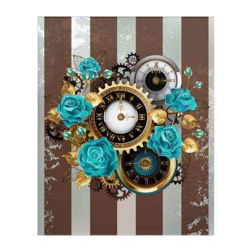 Steampunk Clock and Turquoise Roses on Striped Acrylic Print