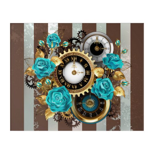 Steampunk Clock and Turquoise Roses on Striped Acrylic Print