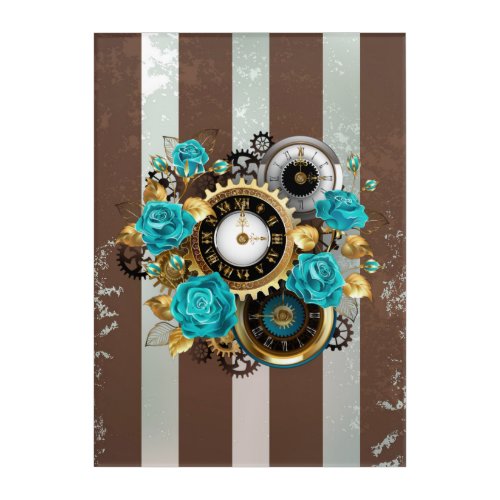 Steampunk Clock and Turquoise Roses on Striped Acrylic Print