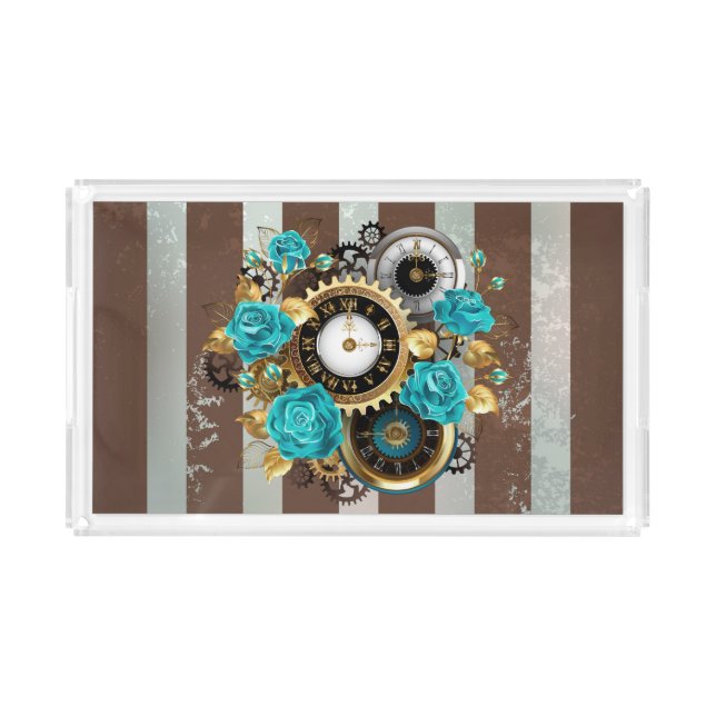 Steampunk Clock and Turquoise Roses on Striped Acrylic Tray (Front)