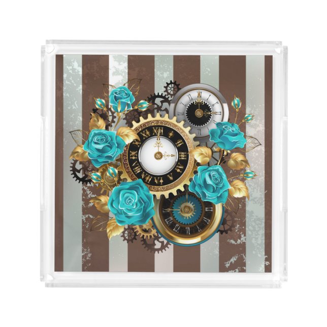 Steampunk Clock and Turquoise Roses on Striped Acrylic Tray (Front)