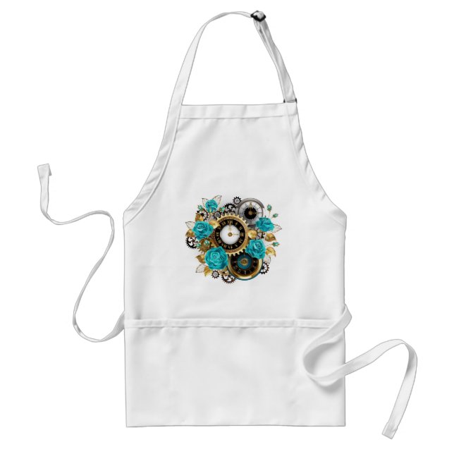Steampunk Clock and Turquoise Roses on Striped Adult Apron (Front)