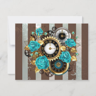 Steampunk Clock and Turquoise Roses on Striped Announcement