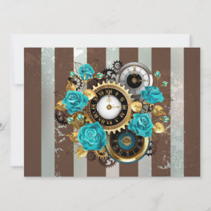 Steampunk Clock and Turquoise Roses on Striped Announcement