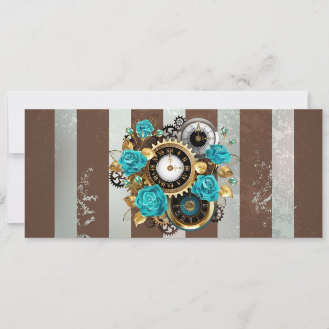 Steampunk Clock and Turquoise Roses on Striped Announcement (Front)