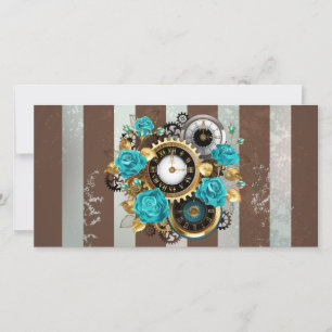Steampunk Clock and Turquoise Roses on Striped Announcement