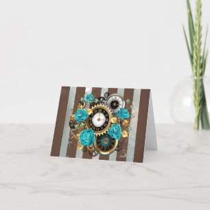 Steampunk Clock and Turquoise Roses on Striped Announcement