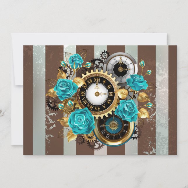 Steampunk Clock and Turquoise Roses on Striped Announcement (Front)