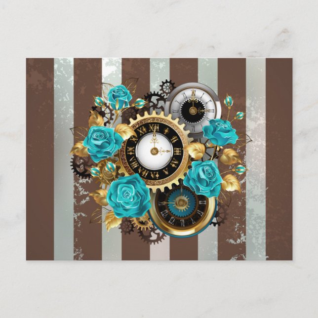 Steampunk Clock and Turquoise Roses on Striped Announcement Postcard (Front)
